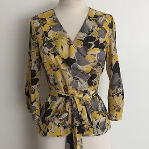 3/$30 Ann Taylor Loft Yellow Floral Wrap Top Small